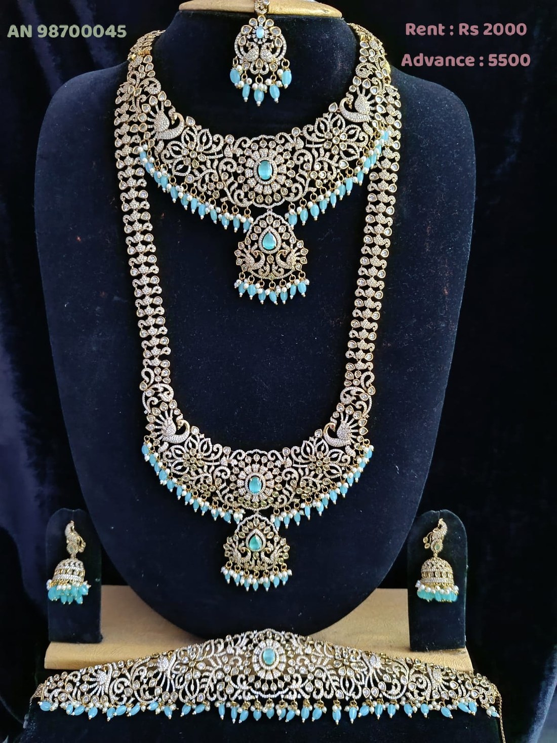 AN 98700045 Sky Blue CZ Diamond Bridal Necklace Set with Waist Belt on rent - Gold, CZ White, Sky Blue, Pearl White